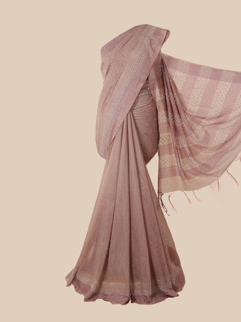 

Pothys Mauve & Silver-Toned Embellished Beads and Stones Linen Blend Saree