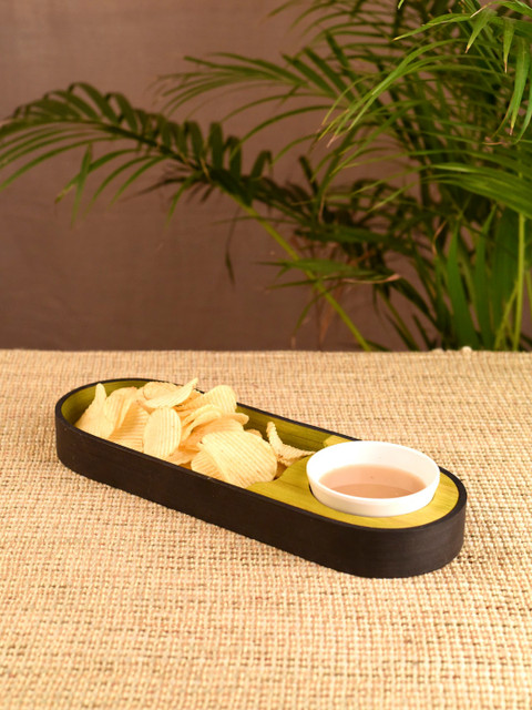 

Unravel India Olive Green & Black Handmade Bamboo Serving Tray With Serving Bowl