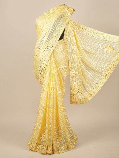 

Pothys Yellow & Gold-Toned Striped Embroidered Saree