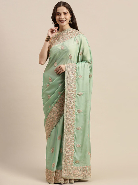 

Soch Green & Peach-Coloured Floral Embroidered Silk Blend Saree
