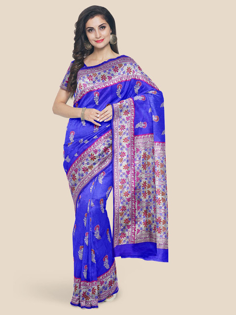 

Kalamandir Blue & Purple Floral Zari Silk Blend Banarasi Saree