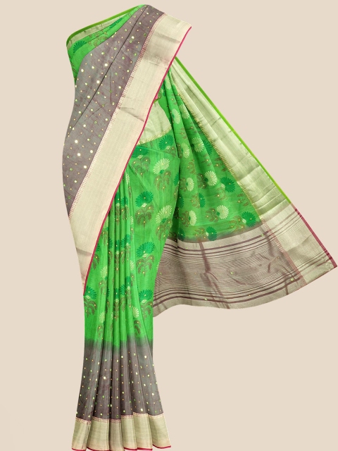 

KLM Fashion Mall Green & Grey Ethnic Motifs Zari Silk Blend Saree