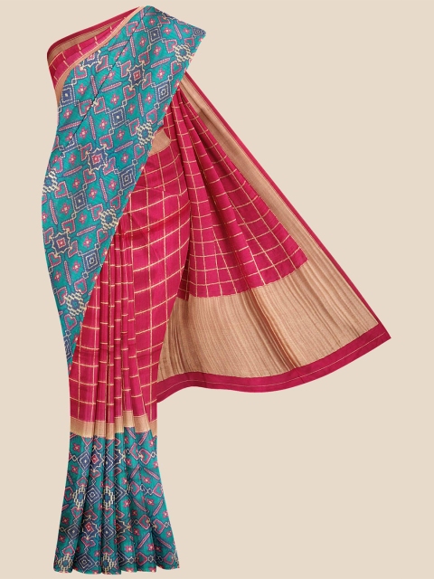

Kalamandir Pink & Blue Checked Zari Silk Blend Banarasi Saree