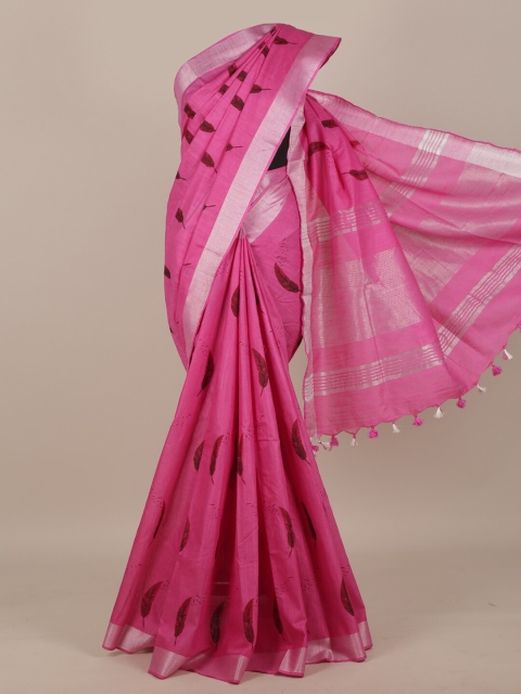 

Pothys Pink Floral Printed Zari Cotton Blend Saree