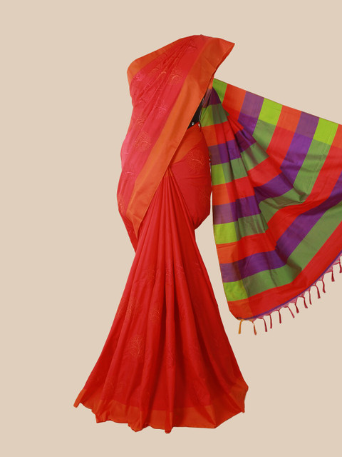 

Pothys Red & Green Floral Embroidered Jute Silk Saree