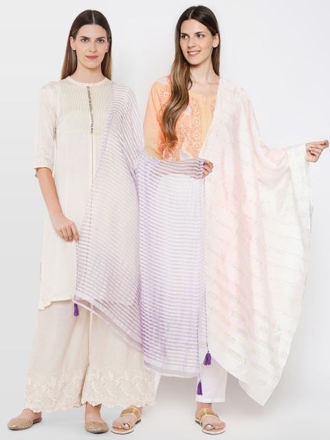 

Get Wrapped Set of 2 White Striped Viscose Rayon Dupattas