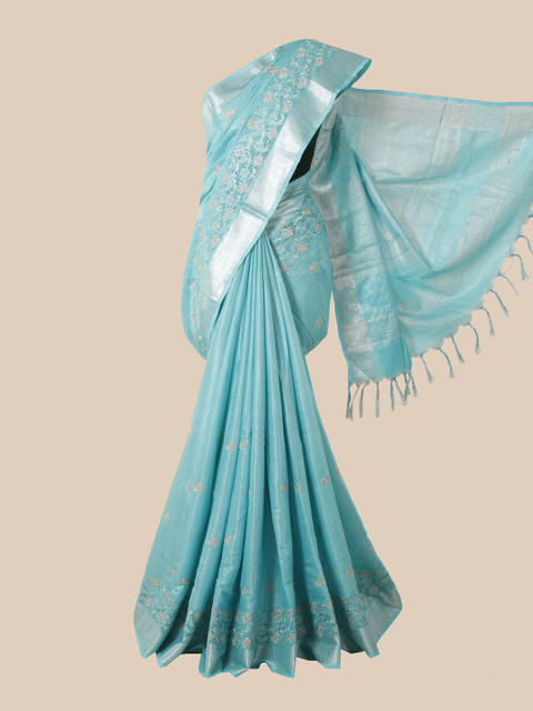 

Pothys Turquoise Blue & Silver-Toned Ethnic Motifs Linen Blend Saree