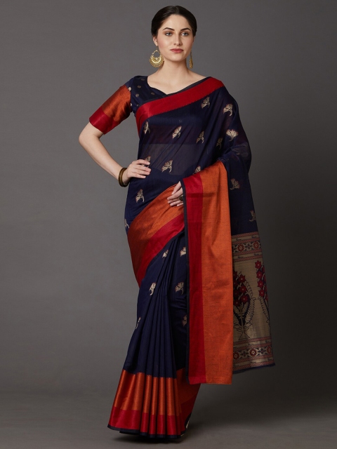 

Mitera Navy Blue & Red Floral Silk Blend Dharmavaram Saree