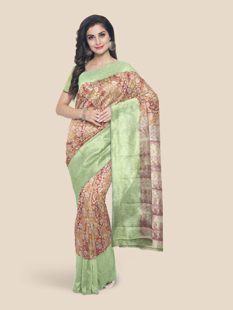 

Kalamandir Pink & Green Floral Silk Blend Kanjeevaram Saree