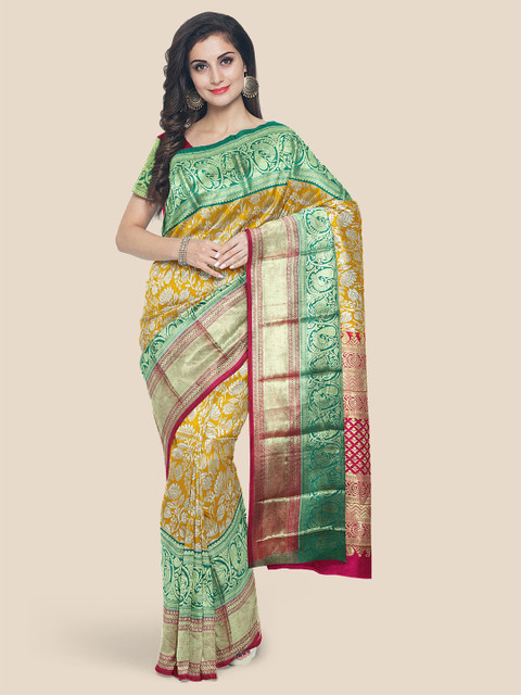 

KLM Fashion Mall Mustard Floral Silk Blend Kanjeevaram Saree