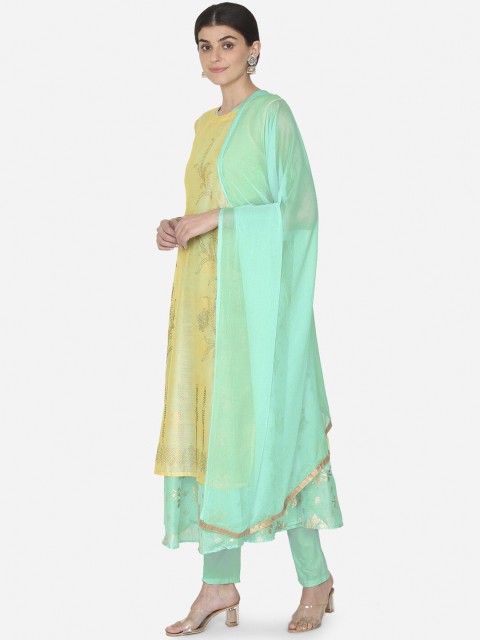 

BOMBAY SELECTIONS Women Yellow & Green Layered Chanderi Kurta With Trouser & Dupatta