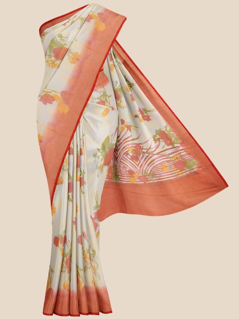 

KLM Fashion Mall Cream & Red Floral Silk Blend Saree