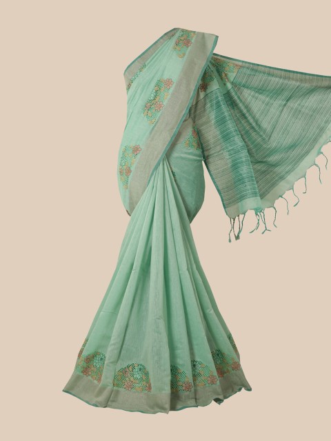 

Pothys Sea Green & Peach-Coloured Floral Embroidered Jute Silk Saree