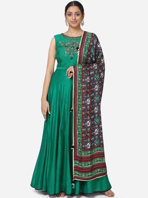 

BOMBAY SELECTIONS Women Green Embroidered Anarkali Kurta Legging With Dupatta Set