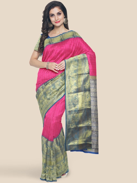 

KLM Fashion Mall Pink & Navy Blue Woven Design Zari Silk Blend Kanjeevaram Saree