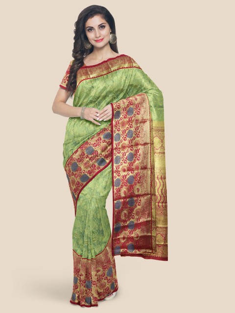 

Kalamandir Green & Red Ethnic Motifs Zari Silk Blend Kanjeevaram Saree