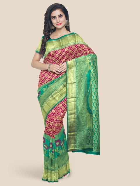 Kalamandir Pink & Green Woven Design Zari Silk Blend Kanjeevaram Saree