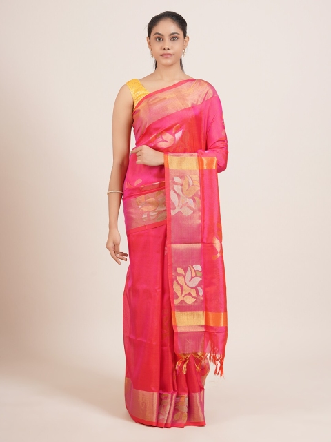 

Pothys Pink & Yellow Floral Zari Pure Silk Uppada Saree