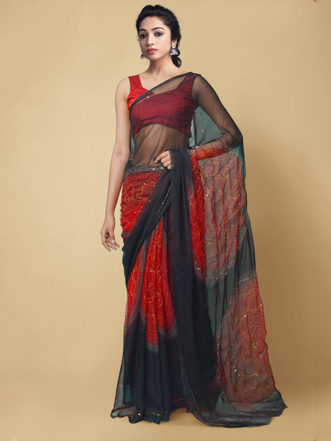 

Unnati Silks Red & Black Ethnic Motifs Embroidered Pure Chiffon Bhagalpuri Saree