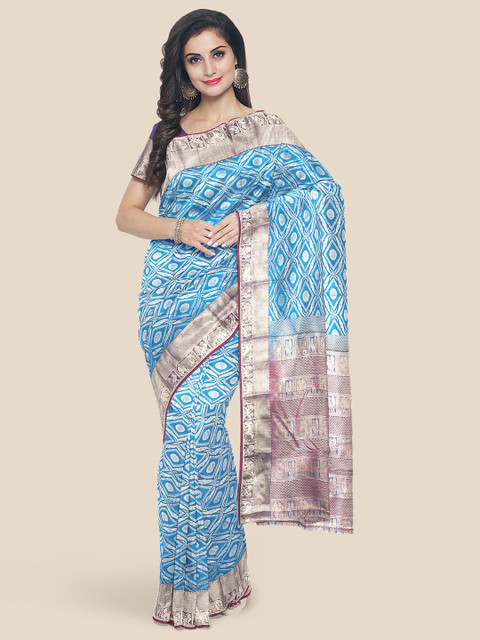 

KLM Fashion Mall Blue & Cream-Coloured Woven Design Silk Blend Kanjeevaram Saree