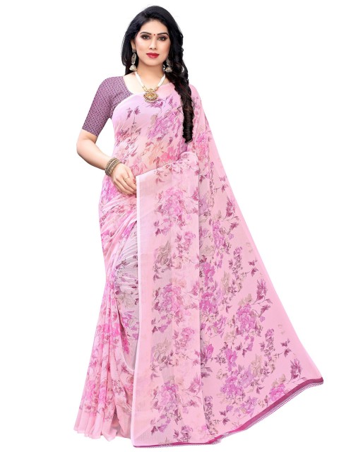 

KALINI Pink & Violet Floral Pure Chiffon Saree