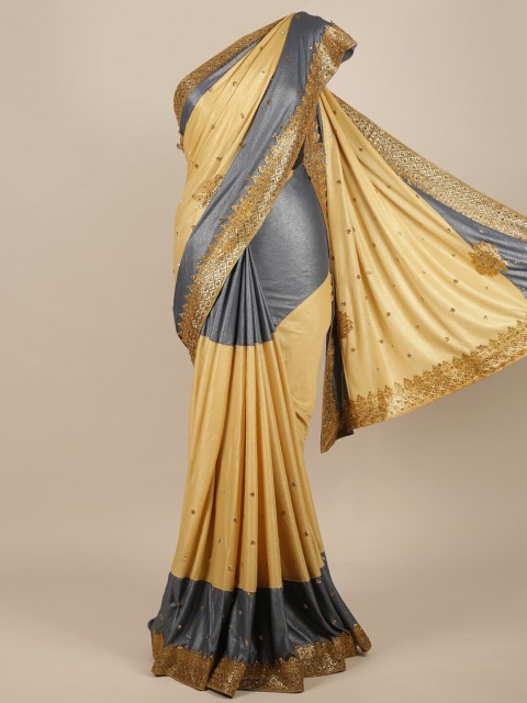 

Pothys Gold & Grey Ethnic Motifs Sequinned Jute Silk Half and Half Saree
