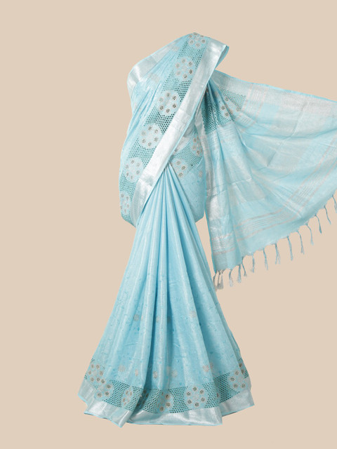 

Pothys Blue & Silver-Coloured Floral Zari Linen Blend Saree