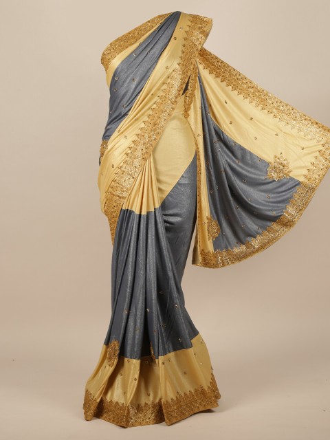 

Pothys Gold & Grey Embellished Beads and Stones Jute Silk Saree