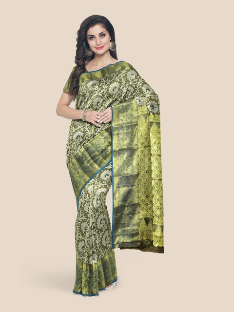 

Kalamandir Olive & Gold-Toned Woven Design Silk Blend Kanjeevaram Saree