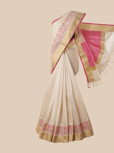 

Pothys Cream-Coloured & Pink Floral Zari Jute Silk Saree