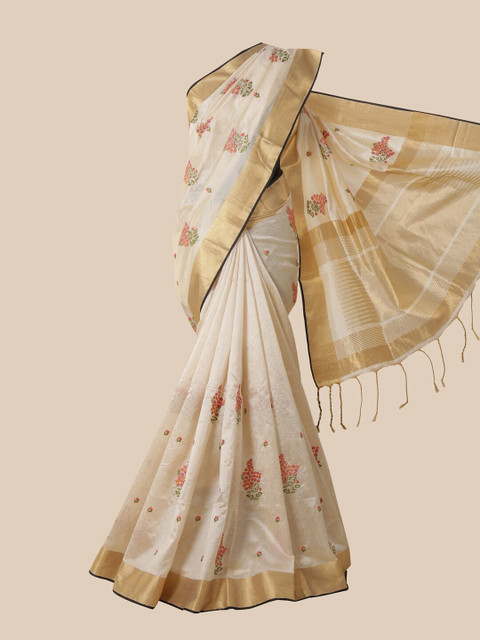 

Pothys Cream & Gold-Toned Floral Jute Silk Saree
