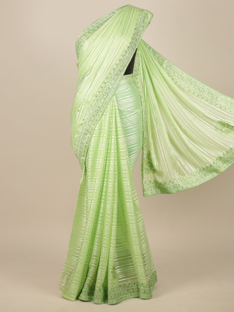 

Pothys Green & Silver-Coloured Striped Poly Chiffon Saree