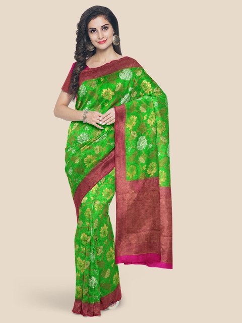 

Kalamandir Green & Maroon Floral Zari Silk Blend Banarasi Saree