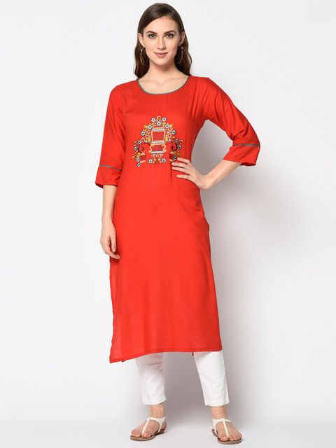 

Kvsfab Women Red Ethnic Motifs Embroidered Straight Round Neck Kurta