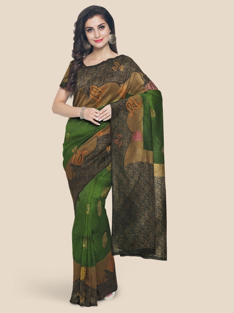 

Kalamandir Green & Black Ethnic Motifs Zari Silk Blend Banarasi Saree