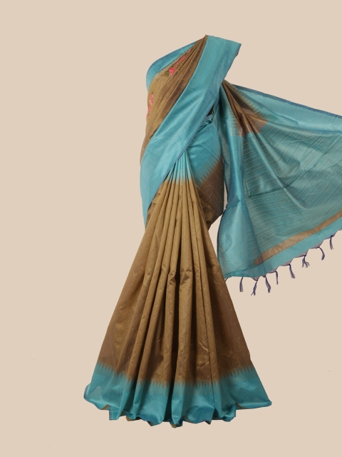

Pothys Olive & Turquoise Blue Floral Jute Silk Saree