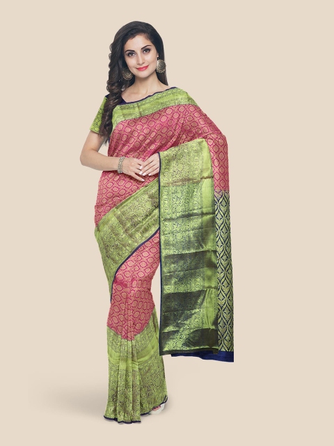 

Kalamandir Pink & Green Ethnic Motifs Zari Silk Blend Kanjeevaram Saree