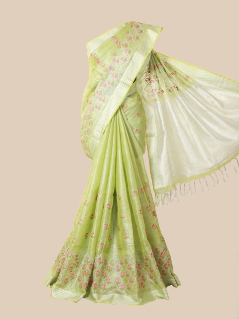

Pothys Green & Silver-Toned Floral Linen Blend Saree