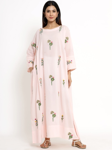 

VRISA Pink Floral Embroidery Boat Neck Kaftan Dress