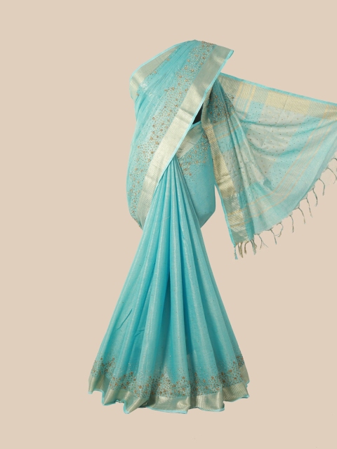 

Pothys Blue & Gold-Toned Embellished Beads and Stones Linen Blend Saree