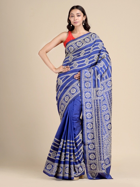

Mitera Blue & White Ethnic Motifs Kantha Work Pure Silk Saree