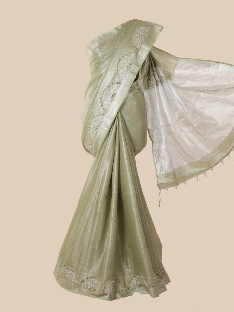 

Pothys Green & Silver-Toned Embellished Sequinned Linen Blend Saree