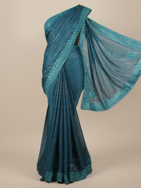

Pothys Blue Striped Embroidered Poly Chiffon Saree