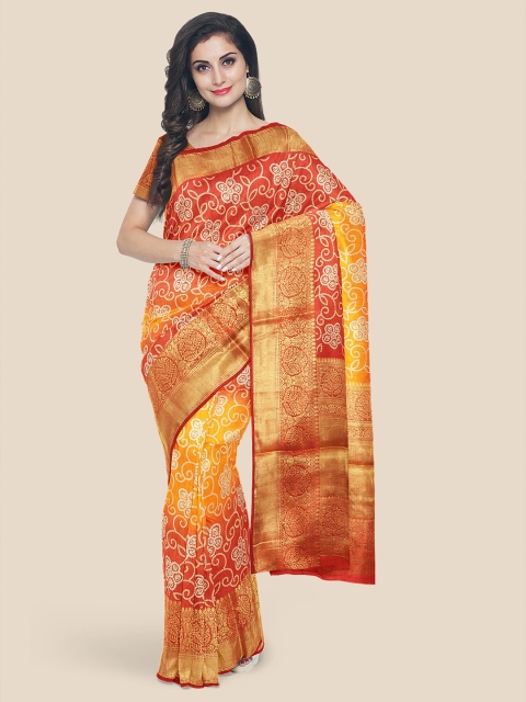 

Kalamandir Orange & Gold-Toned Floral Zari Silk Blend Banarasi Saree