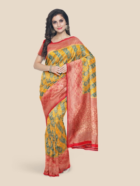 

Kalamandir Yellow & Blue Floral Zari Silk Blend Banarasi Saree