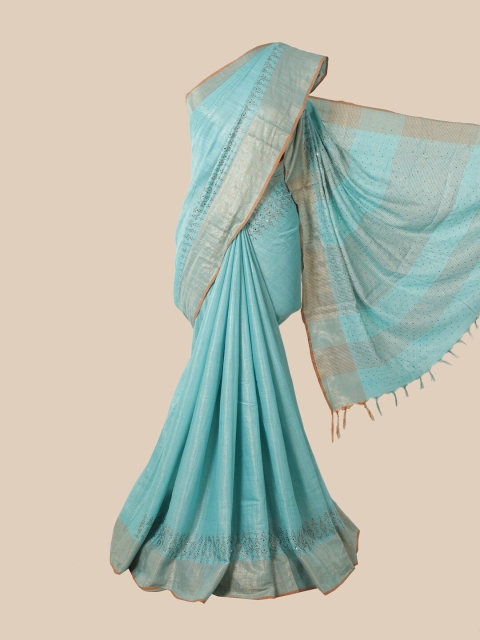 

Pothys Blue & Beige Embellished Zari Linen Blend Saree