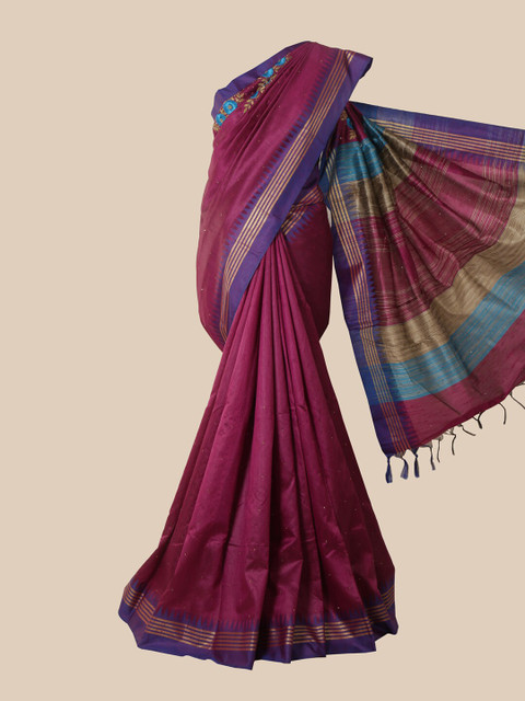 

Pothys Magenta & Blue Floral Zari Jute Silk Saree