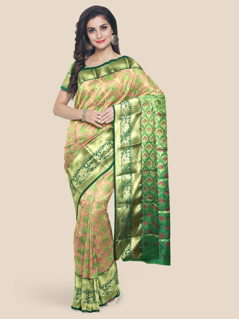 

Kalamandir Coral & Green Woven Design Zari Silk Blend Kanjeevaram Saree
