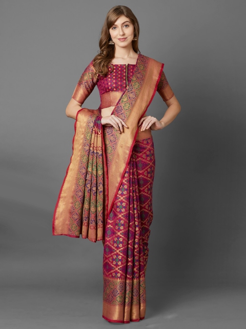 

Mitera Magenta & Blue Ethnic Motifs Zari Silk Blend Saree