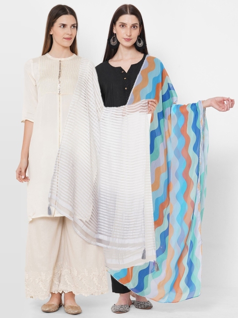 

Get Wrapped White & Turquoise Blue Striped Viscose Rayon Dupatta